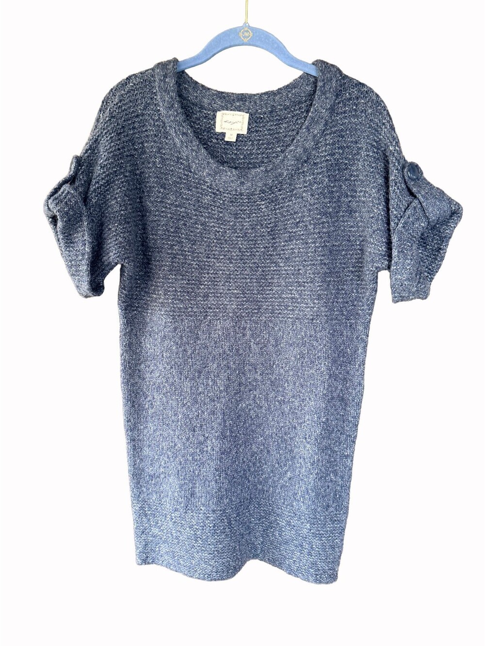Anthropologie Kenji Wool Blend Tunic Sweater Short Sleeve Blue Marled Size M